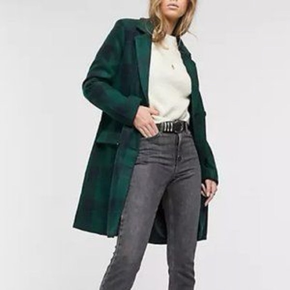 Brave Soul Berwick Tailored Coat in Check Green Plaid - Picture 1 of 12